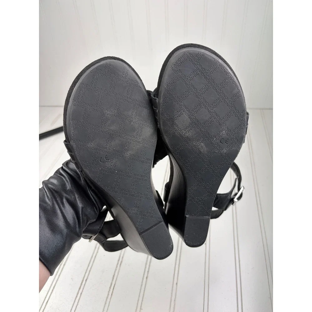 Vionic Noble Laurie Black Leather Wedge Sandals Women's Size 8